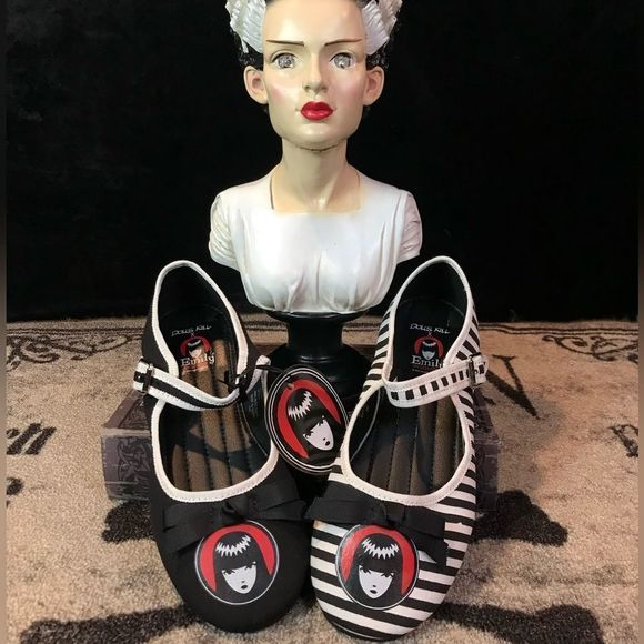 Dolls Kill Shoes - Emily The Strange Marry Jane Flats Black, White , Red, Striped & Solid NWT 8